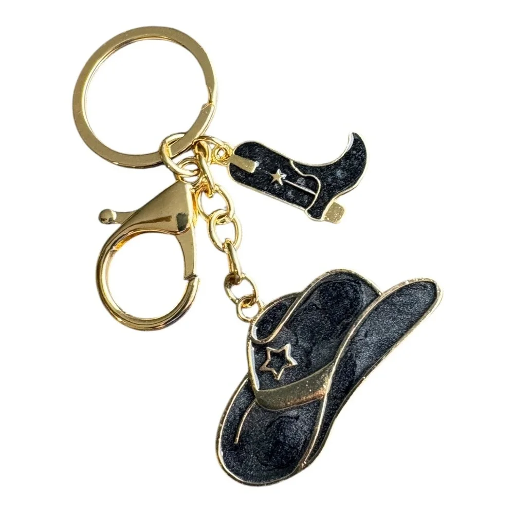 Women's Western Cowboy Hat Boot Charm Key Chain Black Gold Tone 3.5